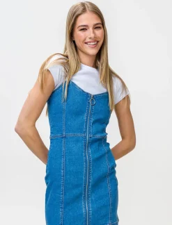 Piazza Italia Abito con bretelle denim corto con dettaglio zip davanti. - Denim Blu Best