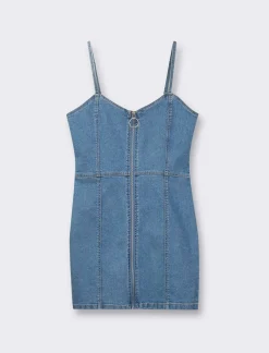 Piazza Italia Abito con bretelle denim corto con dettaglio zip davanti. - Denim Blu Best