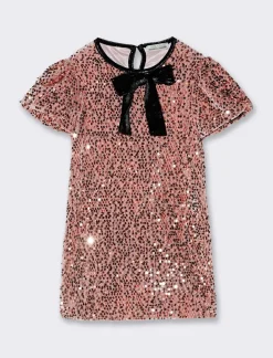 Piazza Italia Abito elegante da bambina in tessuto velour con paillettes - Rosa Outlet