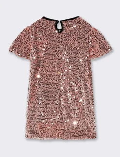 Piazza Italia Abito elegante da bambina in tessuto velour con paillettes - Rosa Outlet