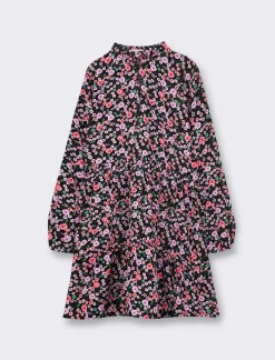 Piazza Italia Abito in pura viscosa con stampa all over con pertura sul davanti, rouches sul collo e gonna a balze - Fantasia Multicolore Best