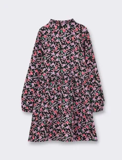 Piazza Italia Abito in pura viscosa con stampa all over con pertura sul davanti, rouches sul collo e gonna a balze - Fantasia Multicolore Best