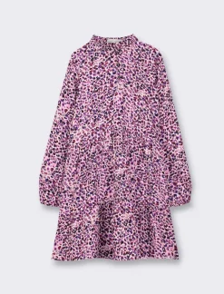 Piazza Italia Abito in pura viscosa con stampa all over con pertura sul davanti, rouches sul collo e gonna a balze - Viola Clearance