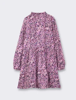 Piazza Italia Abito in pura viscosa con stampa all over con pertura sul davanti, rouches sul collo e gonna a balze - Viola Clearance