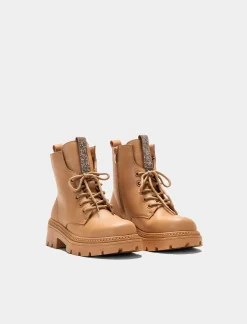 Piazza Italia Anfibio con strass con lacci, zip sul lato interno e fondo roccia - Beige Fashion