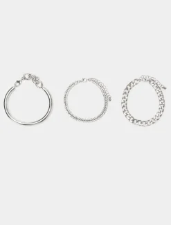 Piazza Italia Bracciale da donna a 3 bracciali rigidi e catene - Argento New