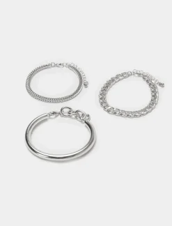 Piazza Italia Bracciale da donna a 3 bracciali rigidi e catene - Argento New
