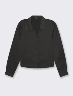 Piazza Italia Camicia crop a manica lunga con scollo a V in satin - Nero Cheap