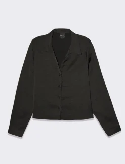 Piazza Italia Camicia crop a manica lunga con scollo a V in satin - Nero Cheap