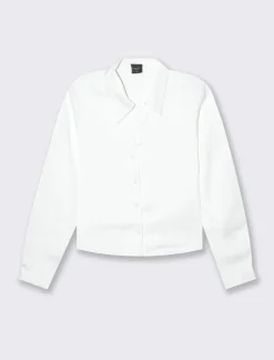 Piazza Italia Camicia crop a manica lunga con scollo a V in satin - Avorio Beige Best