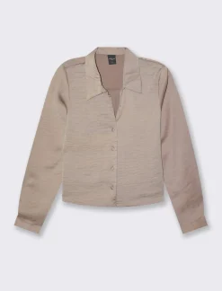 Piazza Italia Camicia crop a manica lunga con scollo a V in satin - castoro Grigio New