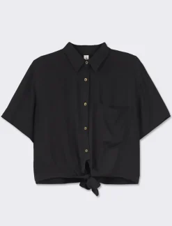 Piazza Italia Camicia crop in tessuto di viscosa leggera con collo bowling e arriccio sul retro - Nero Online