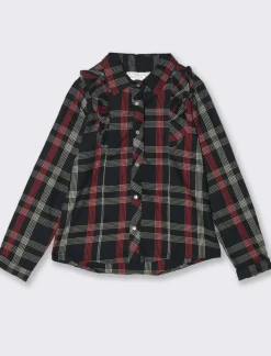Piazza Italia Camicia da bambina finto filo a quadri con rouches e bottoni perlati a pressione - Nero Flash Sale