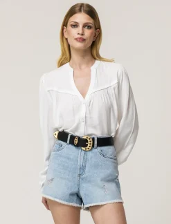 Piazza Italia Camicia fluida con collo alla coreana e maniche ampie e applicazione nerve con arriccio - Bianco Best