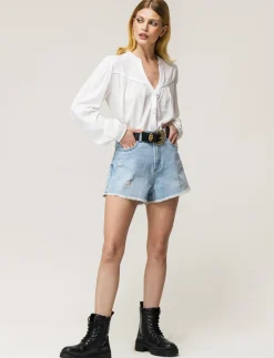 Piazza Italia Camicia fluida con collo alla coreana e maniche ampie e applicazione nerve con arriccio - Bianco Best