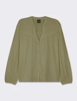 Piazza Italia Camicia fluida con collo alla coreana e maniche ampie e applicazione nerve con arriccio - Kaky 1 Verde Online