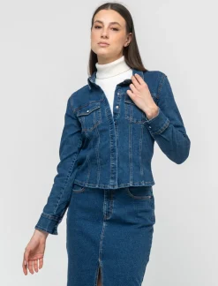 Piazza Italia Camicia in denim skinny elastico con bottoni a pressione - Denim Blu Flash Sale