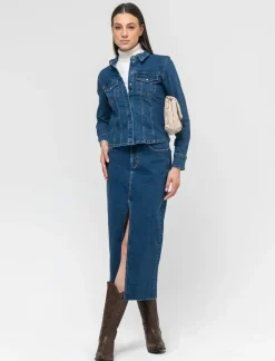 Piazza Italia Camicia in denim skinny elastico con bottoni a pressione - Denim Blu Flash Sale