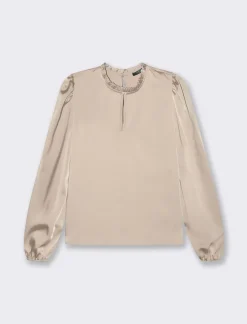 Piazza Italia Camicia manica lunga a girocollo con rouches e apertura a goccia - Beige Online