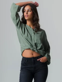 Piazza Italia Camicia manica lunga con nodo e colletto alla coreana - salvia Verde Best Sale