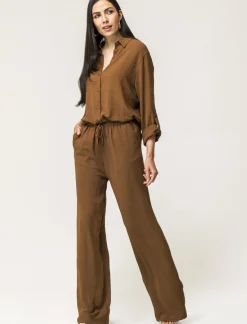 Piazza Italia Camicia manica lunga in tessuto fluido con spalla scesa e alette sulla manica - tabacco Marrone Outlet