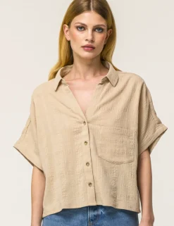 Piazza Italia Camicia mezza manica in cotone con tasca applicata - Beige corda Marrone Cheap