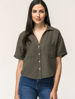 Piazza Italia Camicia mezza manica scollo a V e tasche applicate - Ve.milit. Verde Shop