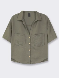 Piazza Italia Camicia mezza manica scollo a V e tasche applicate - Ve.milit. Verde Shop