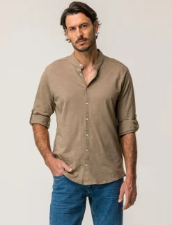 Piazza Italia Camicia regular fit realizzata in tessuto jersey slub in puro cotone con collo coreano e maniche lun - tortora Grigio Store