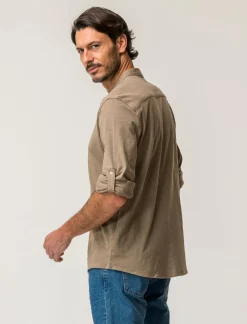 Piazza Italia Camicia regular fit realizzata in tessuto jersey slub in puro cotone con collo coreano e maniche lun - tortora Grigio Store