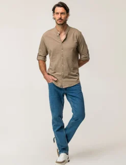 Piazza Italia Camicia regular fit realizzata in tessuto jersey slub in puro cotone con collo coreano e maniche lun - tortora Grigio Store