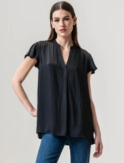 Piazza Italia Casacca in tessuto fluido, apertura scollo a V e maniche volant - Nero Online