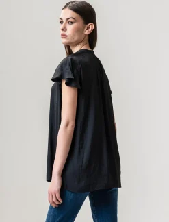 Piazza Italia Casacca in tessuto fluido, apertura scollo a V e maniche volant - Nero Online