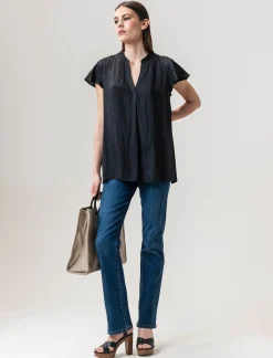 Piazza Italia Casacca in tessuto fluido, apertura scollo a V e maniche volant - Nero Online