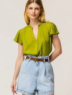 Piazza Italia Casacca in tessuto fluido, apertura scollo a V e maniche volant - pistacchio Verde Outlet