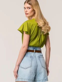 Piazza Italia Casacca in tessuto fluido, apertura scollo a V e maniche volant - pistacchio Verde Outlet