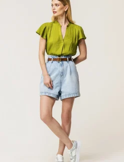 Piazza Italia Casacca in tessuto fluido, apertura scollo a V e maniche volant - pistacchio Verde Outlet