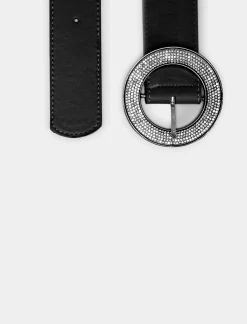 Piazza Italia Cintura da donna con fibbia tonda e strass - -argento Nero Fashion