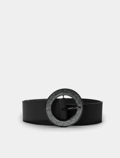 Piazza Italia Cintura da donna con fibbia tonda e strass - -argento Nero Fashion