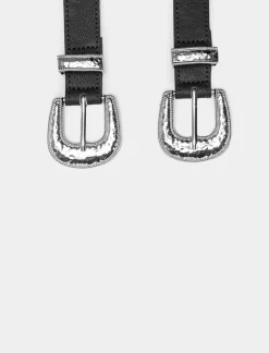 Piazza Italia Cintura da donna elastica con doppia fibbia - -argento Nero New