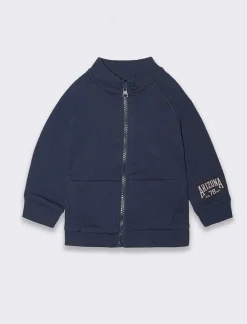 Piazza Italia Felpa apribile in cotone con collo e fondo manica in costina con dettaglio etichetta stile college - Blu Outlet