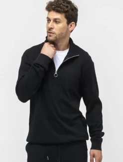 Piazza Italia Felpa collo alto con zip in tessuto waffle - Nero Discount