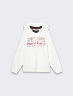 Piazza Italia Felpa con cappuccio e marsupio con stampa frontale,collo in rib a contrasto - sporco Bianco New