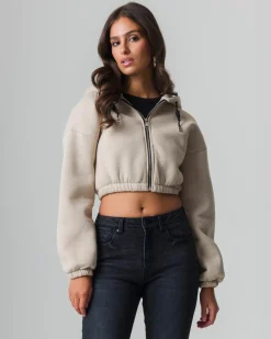 Piazza Italia Felpa cropped da donna con cappuccio e coulisse con chiusura con zip - Beige Sale