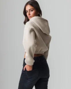 Piazza Italia Felpa cropped da donna con cappuccio e coulisse con chiusura con zip - Beige Sale