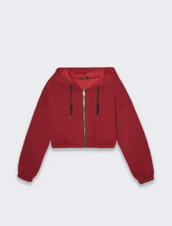 Piazza Italia Felpa cropped da donna con cappuccio e coulisse con chiusura con zip - Bordeaux Rosso Online