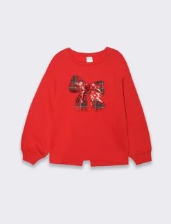 Piazza Italia Felpa girocollo da bambina con scollo e decorazione fiocco stampato con paillettes - Rosso Shop