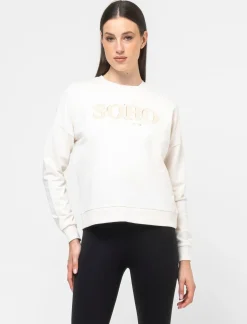 Piazza Italia Felpa girocollo in tessuto french terry di cotone con applicazioni e stampe - Avorio Beige Best Sale