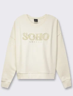 Piazza Italia Felpa girocollo in tessuto french terry di cotone con applicazioni e stampe - Avorio Beige Best Sale