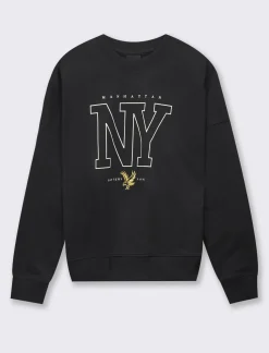 Piazza Italia Felpa leggeremnete garzata girocollo con stampa - Nero Fashion